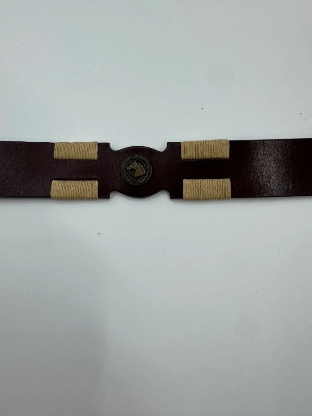 Unbranded Brown Leather Equestrian Horse Emblem Belt With Brass Buckle & Woven